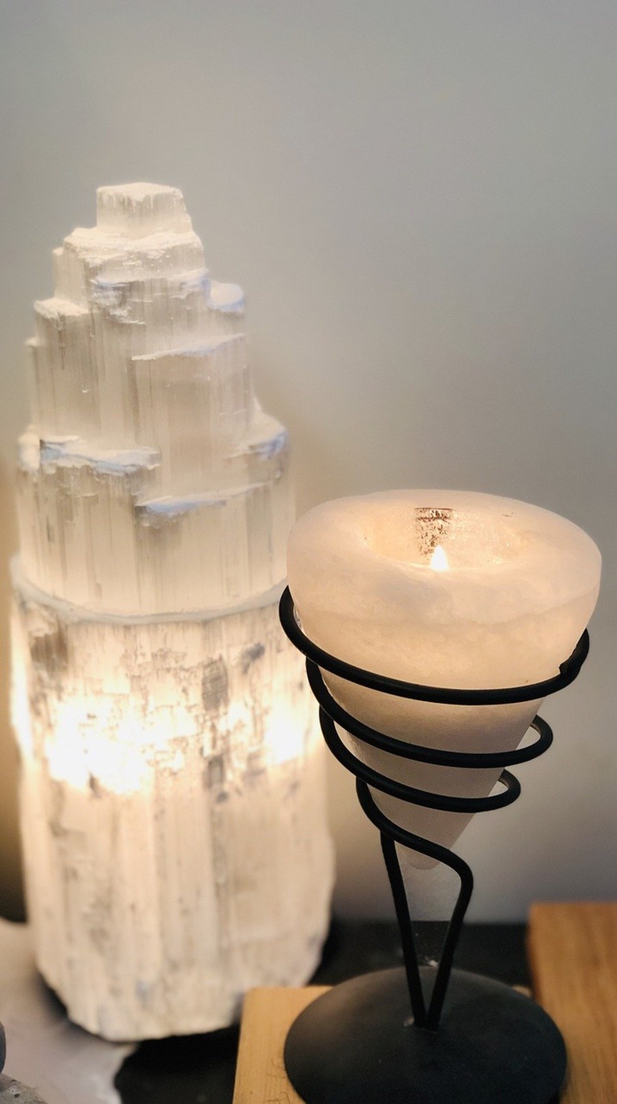 selenite candle and lamp