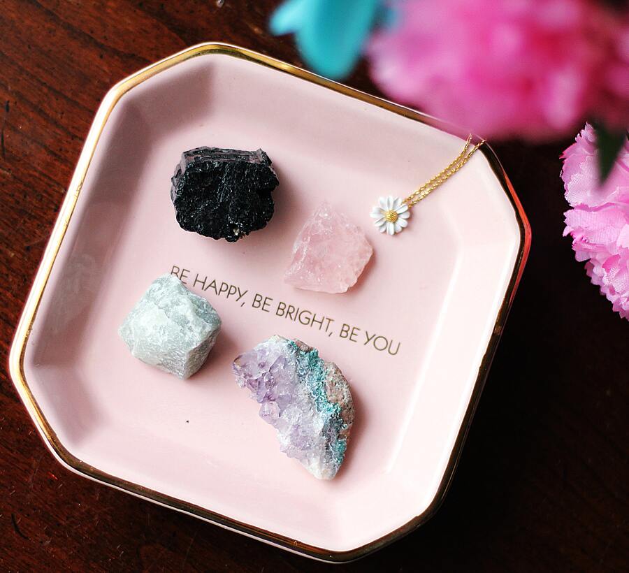 box black, pink purple crystals